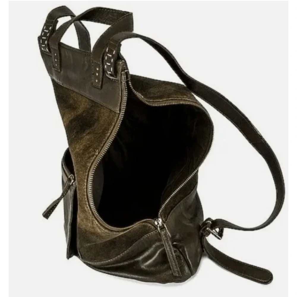 FREE PEOPLE WE THE FREE DISTRESSED BITTER OLIVE SAGE SUEDE LEATHER BACKPACK BAG